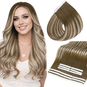 Full Shine 22 Inch Wide Tape Hair Extensions Ash Brown Beige Blonde front view