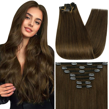 Full Shine 7-piece clip-in hair extensions in medium brown front view