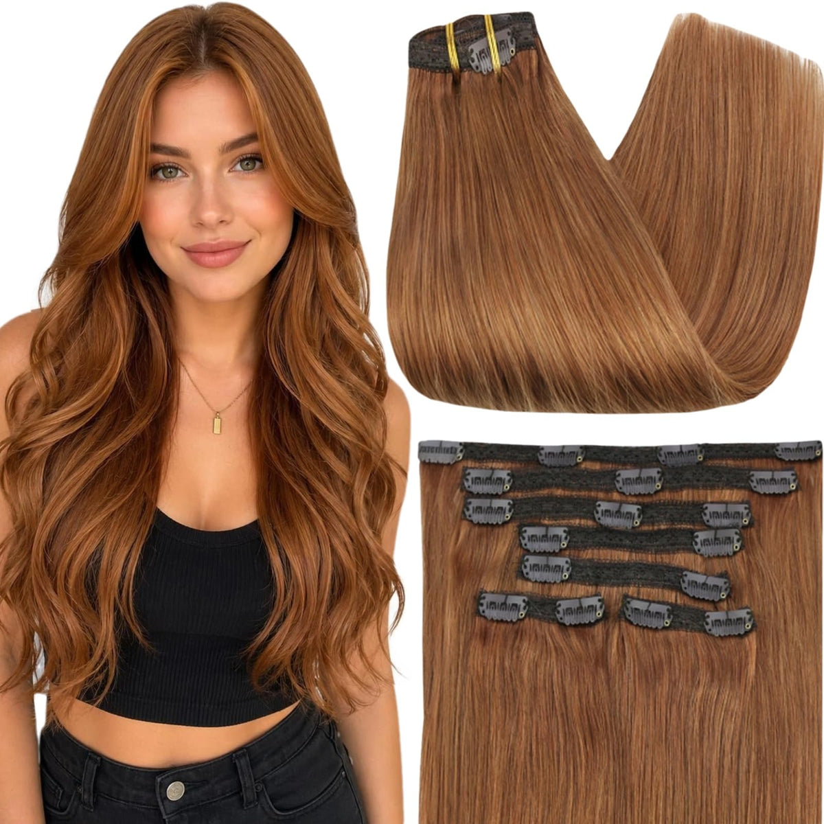 Full Shine Auburn Hair Extensions 7-piece set front view