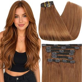 Full Shine Auburn Hair Extensions front view with clips