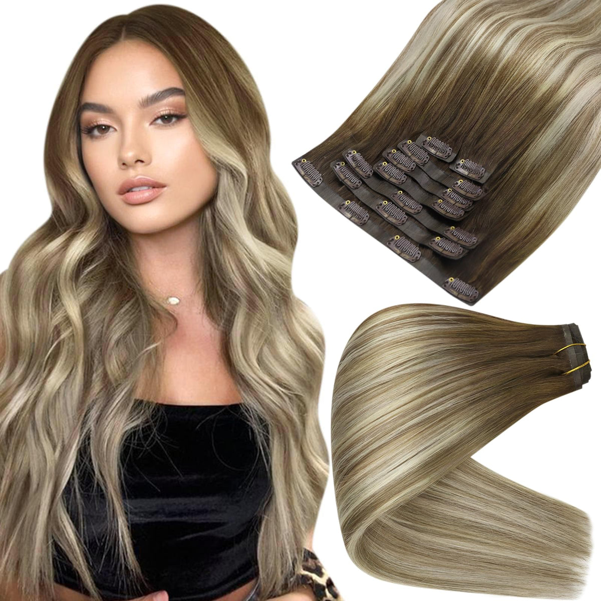Full Shine Balayage Clip in Extensions 18 Inch brown and blonde mix
