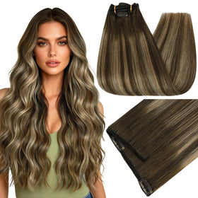 Full Shine Balayage Clip in Hair Extensions front view showing medium brown to honey blonde