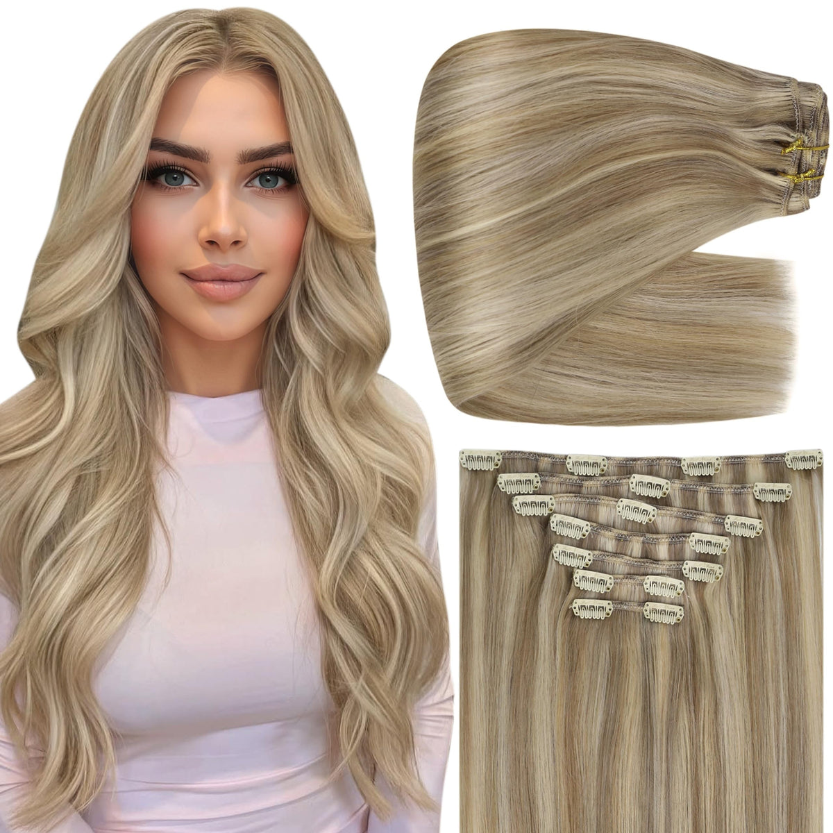 Full Shine Blonde Clip in Hair Extensions 18 Inch front view