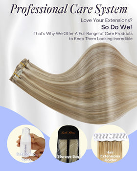 Full Shine Blonde Clip in Hair Extensions styled in waves