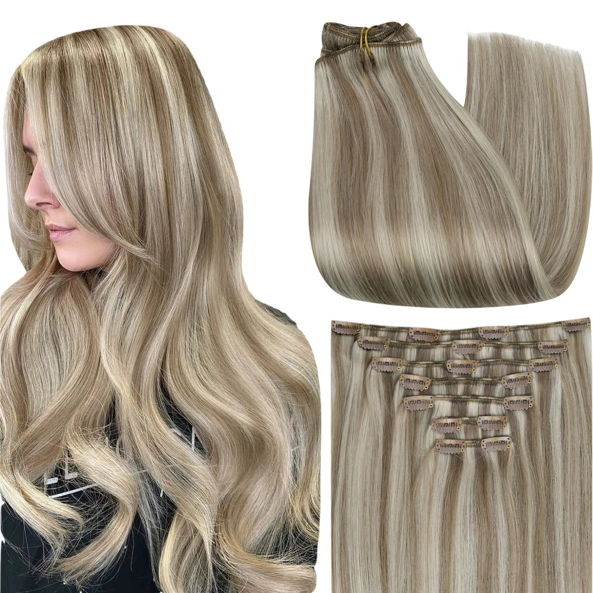 Full Shine Brown Highlighted Clip in Hair Extensions front view