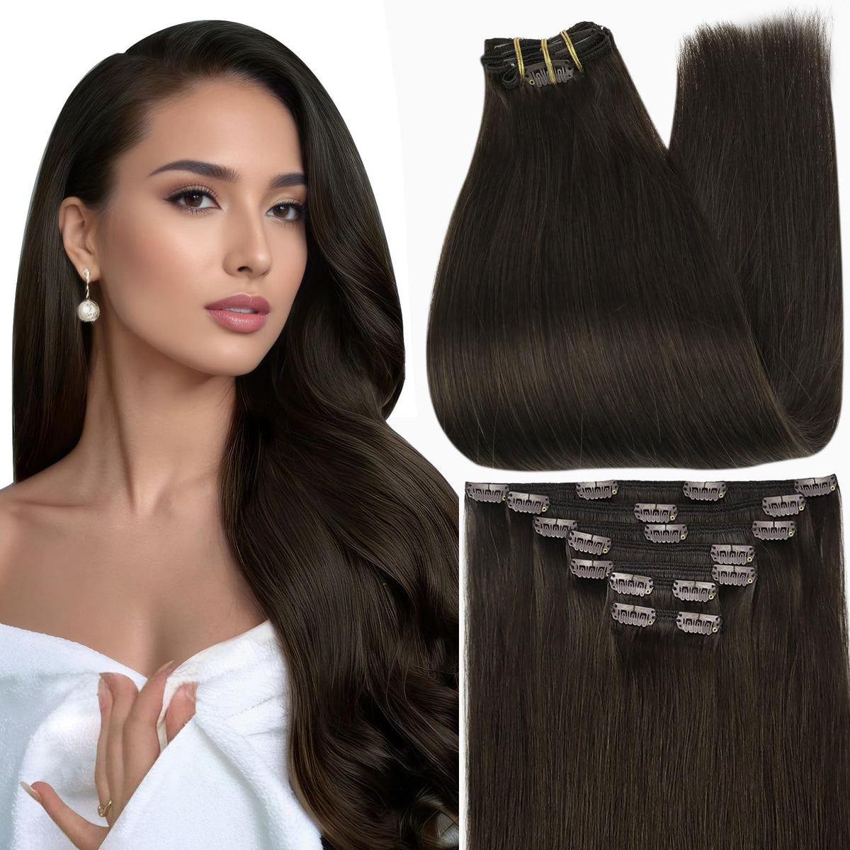 Full Shine Brown Human Hair Clip in Extensions front view