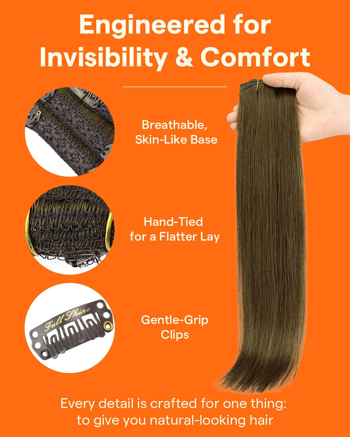 Full Shine Brown Human Hair Extensions displayed with styling tools