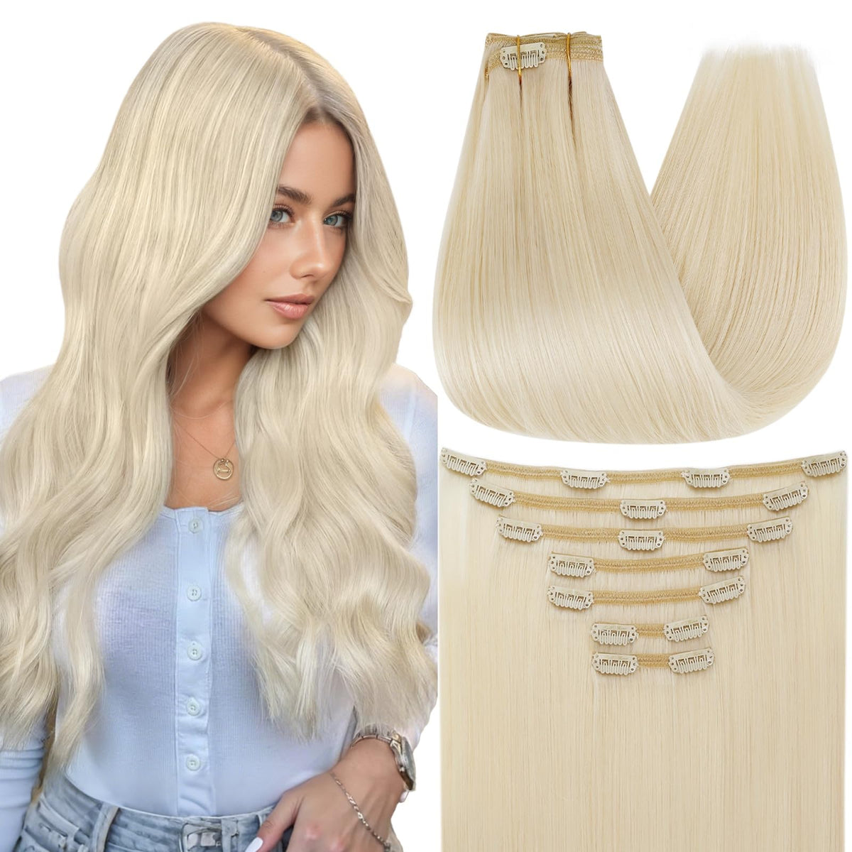 Full Shine Clip in Blonde Hair Extensions front view with packaging