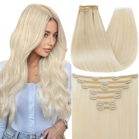 Full Shine Clip in Blonde Hair Extensions front view with packaging