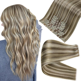 Full Shine Clip in Extensions 18 Inch Light Brown to Platinum Blonde front view