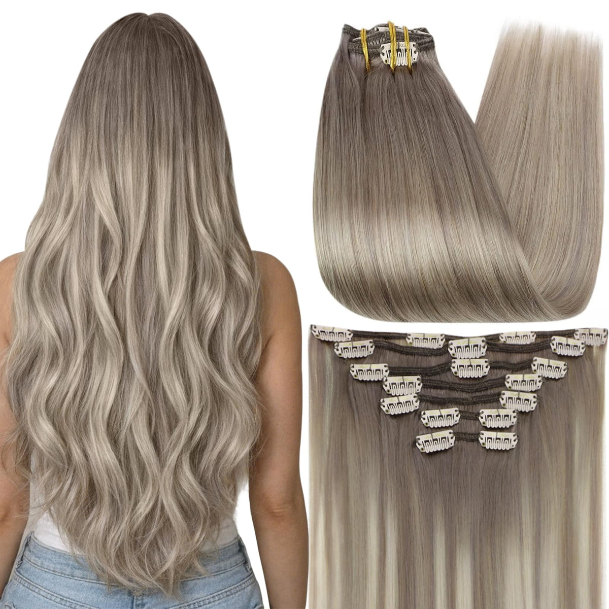 Full Shine Clip in Extensions 20 Inch Grey to Blonde front view