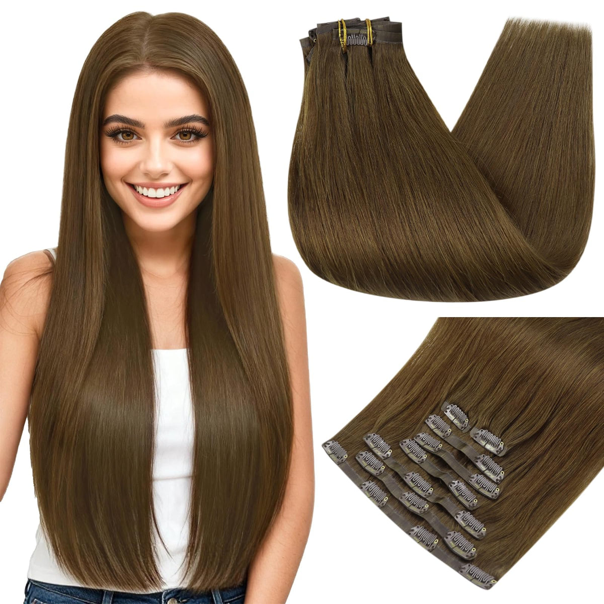 Full Shine Clip in Extensions Medium Brown front view