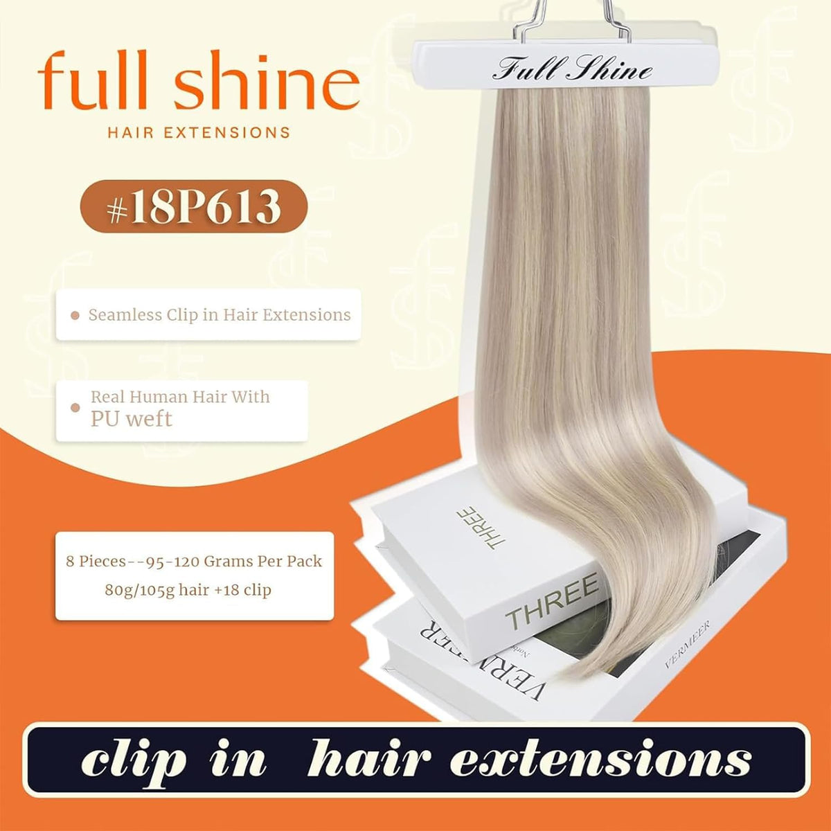 Full Shine Clip-in Extensions packaging with 8 pieces