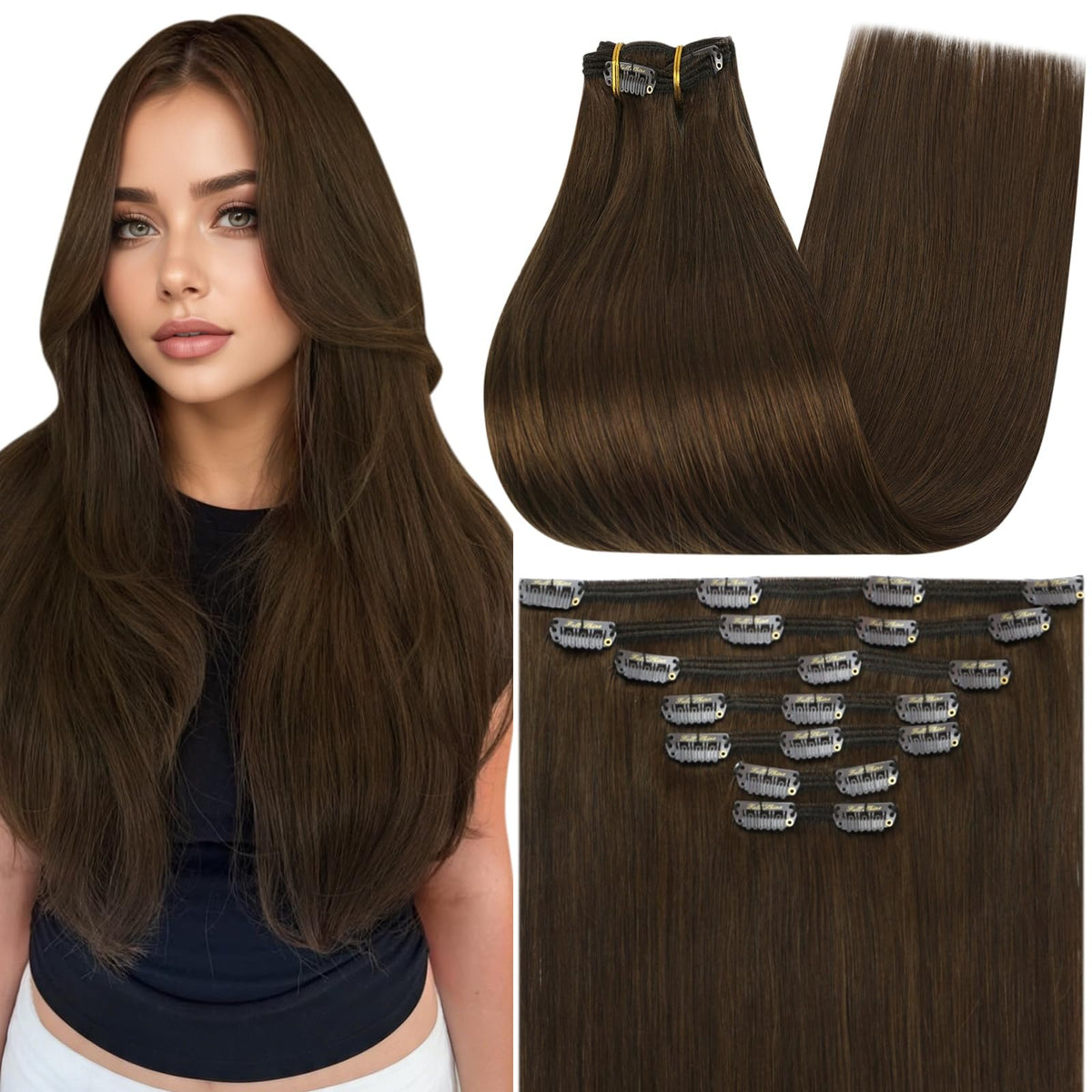 Full Shine Clip in Extensions Warm Brown front view