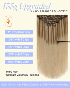 Full Shine Clip in Hair Extensions 135g packaging with hair samples