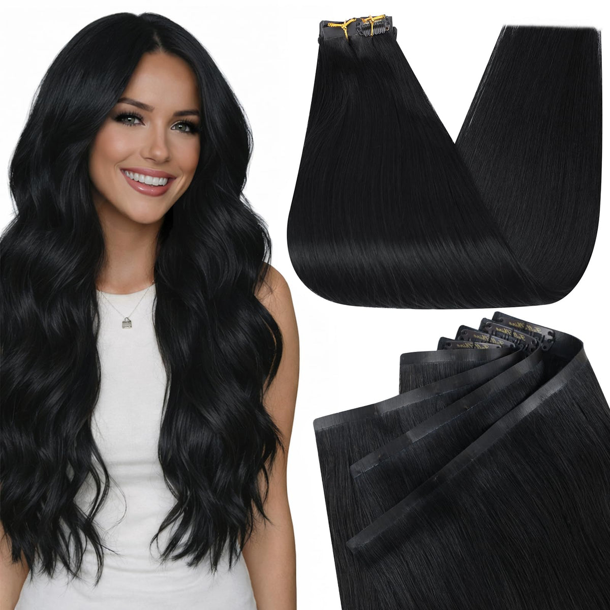 Full Shine Clip in Hair Extensions 140g Jet Black front view