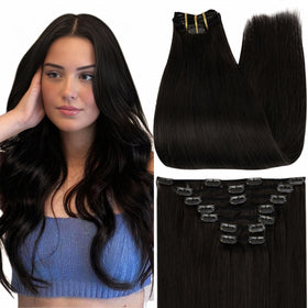 Full Shine Clip in Hair Extensions 16 Inch Black front view