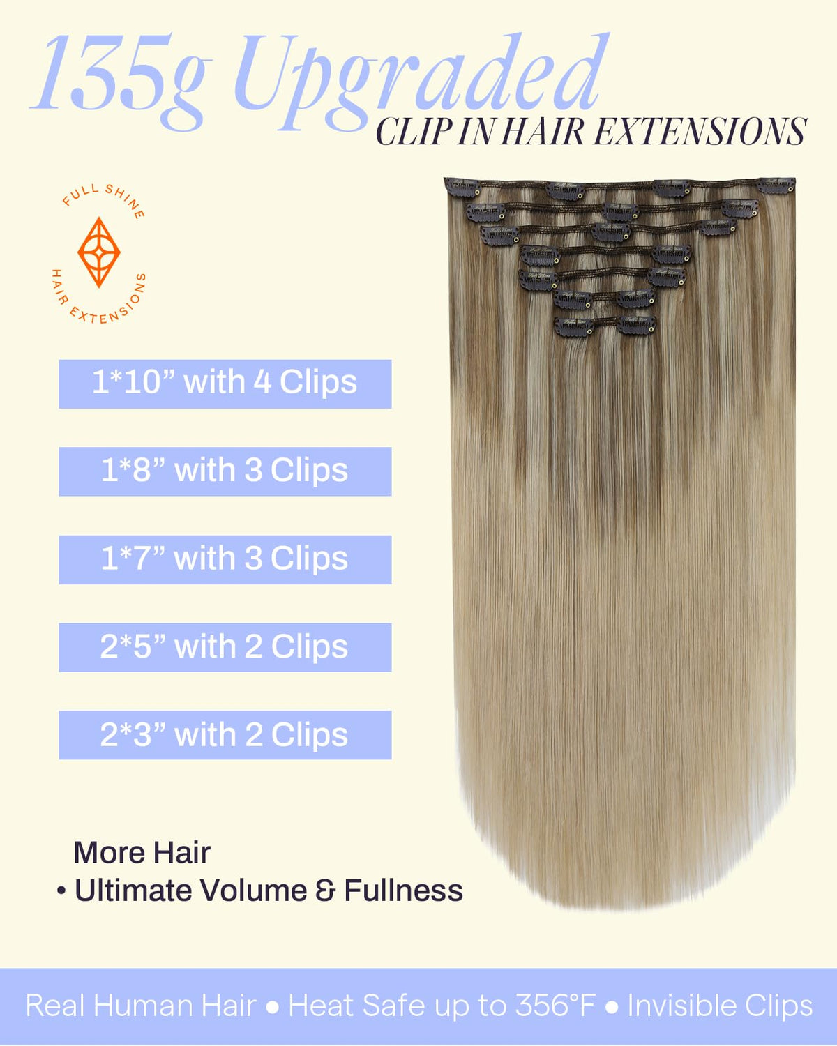 Full Shine Clip in Hair Extensions 18 Inch back view