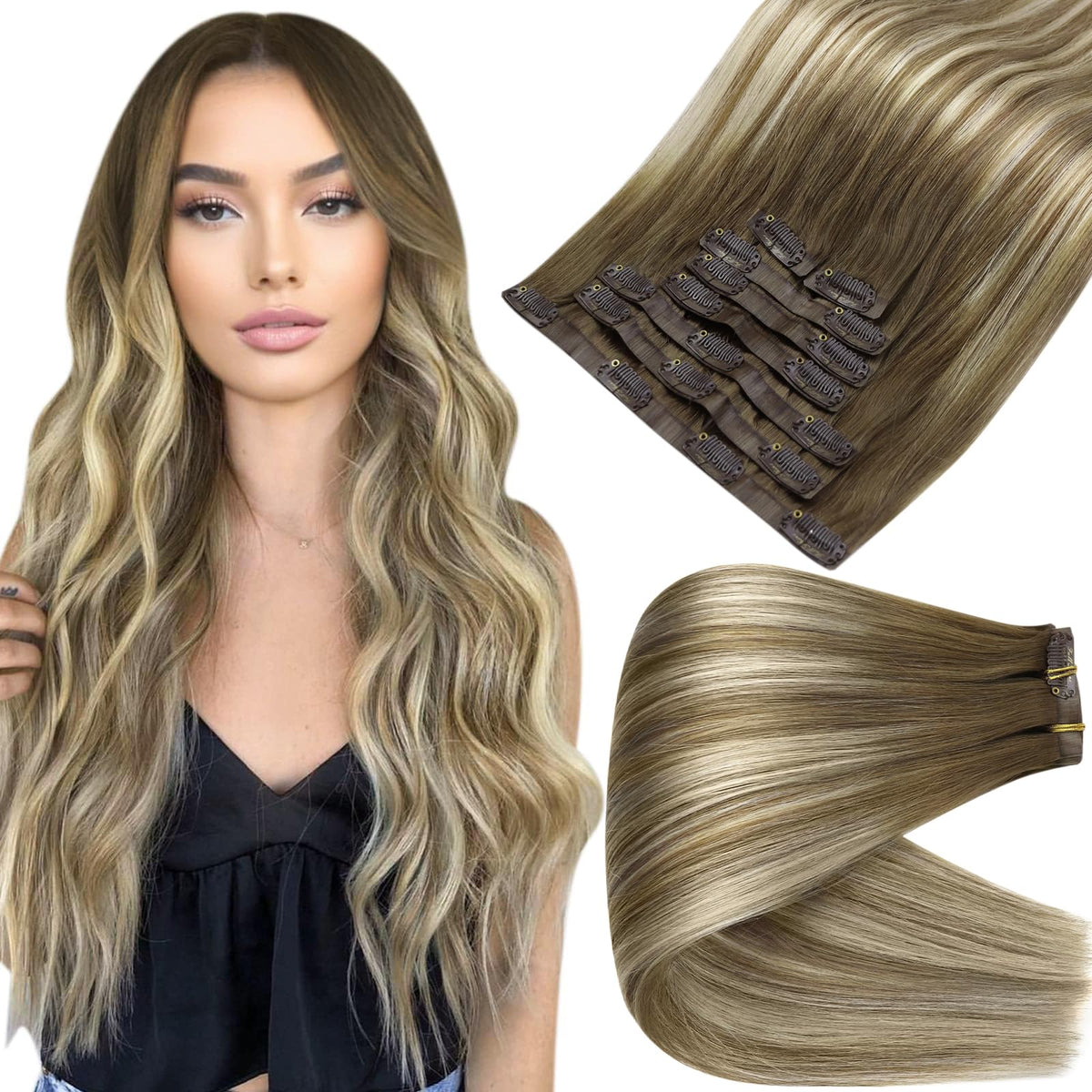 Full Shine Clip in Hair Extensions 18 Inch Brown Balayage front view