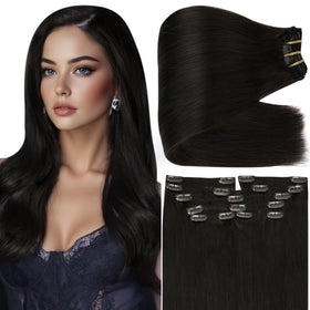 Full Shine Clip In Hair Extensions 18 Inch Jet Black 7 piece set front view