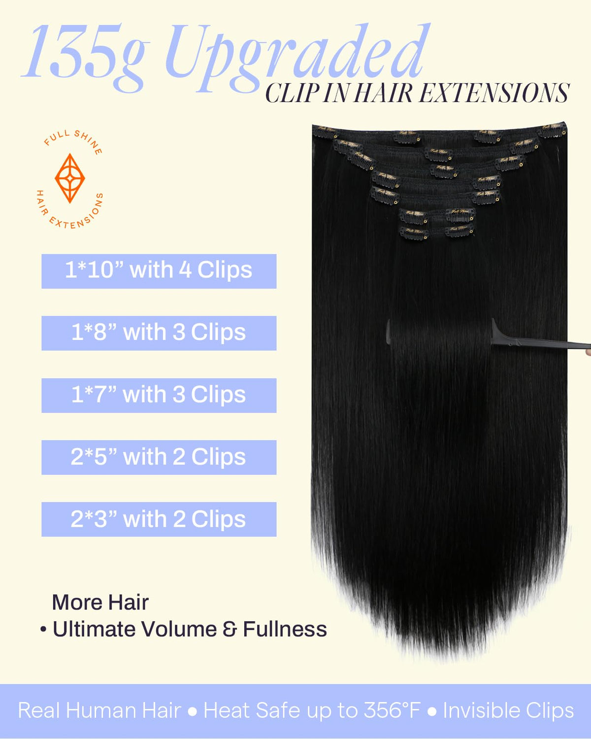 Full Shine Clip In Hair Extensions 18 Inch Jet Black packaging