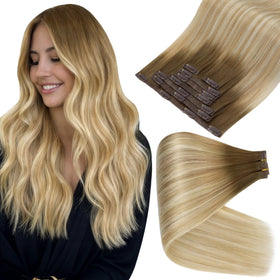 Full Shine Clip in Hair Extensions 18 Inch Light Brown to Honey Blonde front view