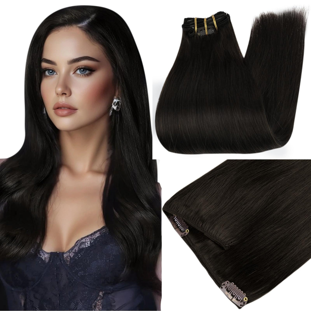 Full Shine Clip in Hair Extensions 20 Inch black model front view