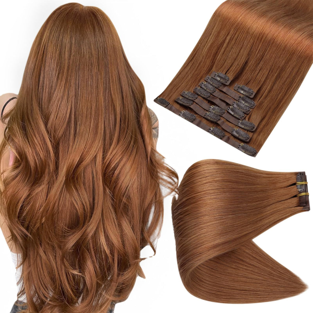 Full Shine Clip in Hair Extensions 20 Inch Copper Brown front view