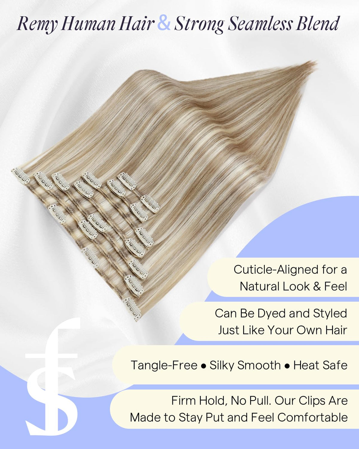 Full Shine Clip in Hair Extensions 20 Inch Golden Blonde close-up of clips