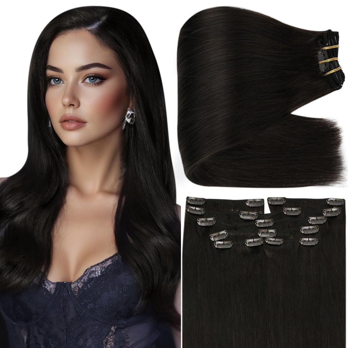 Full Shine Clip in Hair Extensions 20 Inch Natural Black front view