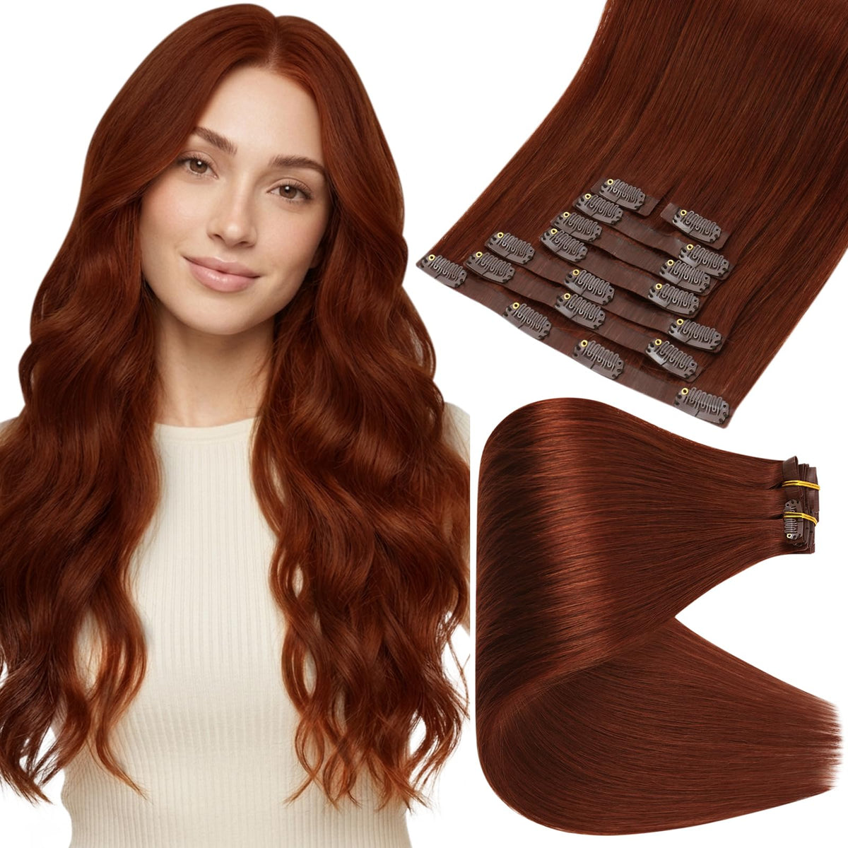 Full Shine Clip-in Hair Extensions 22 Inch Copper Mahogany Red front view