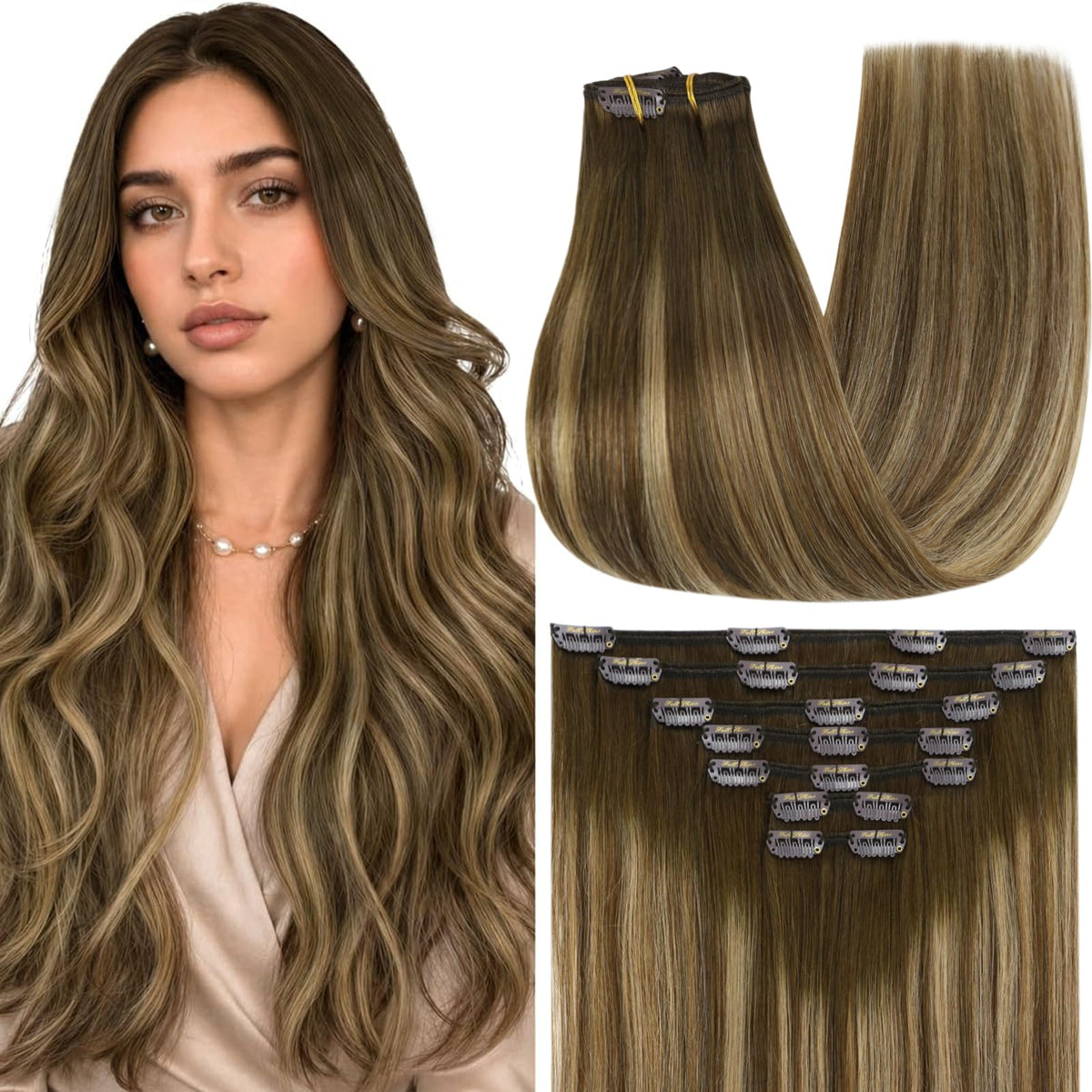 Full Shine Clip-In Hair Extensions 7-Piece Set #4/24/4 front view