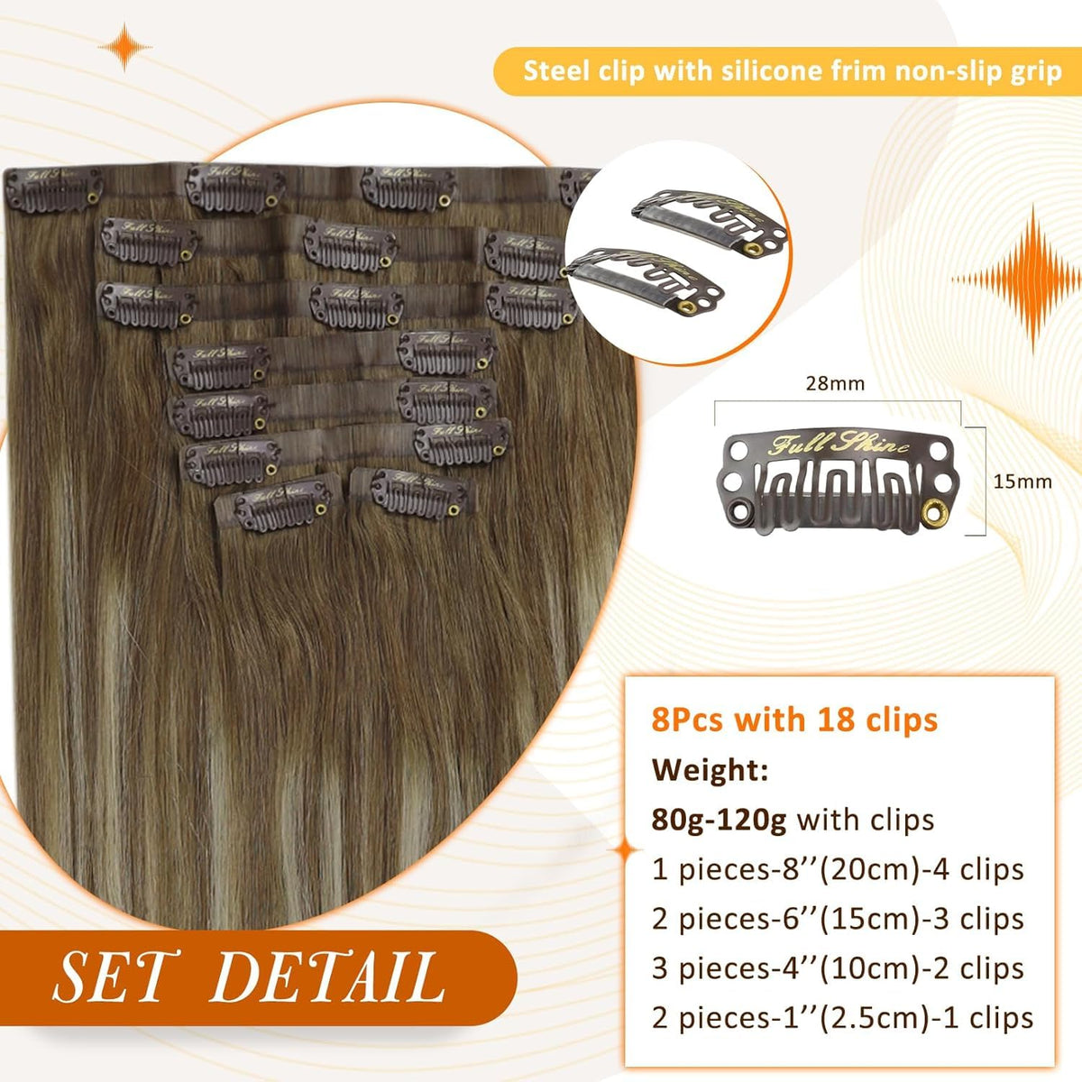 Full Shine Clip in Hair Extensions 8-piece set display