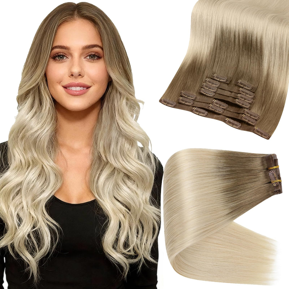Full Shine Clip in Hair Extensions Ash Brown to Platinum Blonde front view