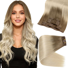 Full Shine Clip in Hair Extensions Ash Brown to Platinum Blonde front view