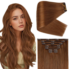 Full Shine Clip in Hair Extensions Auburn 150g front view