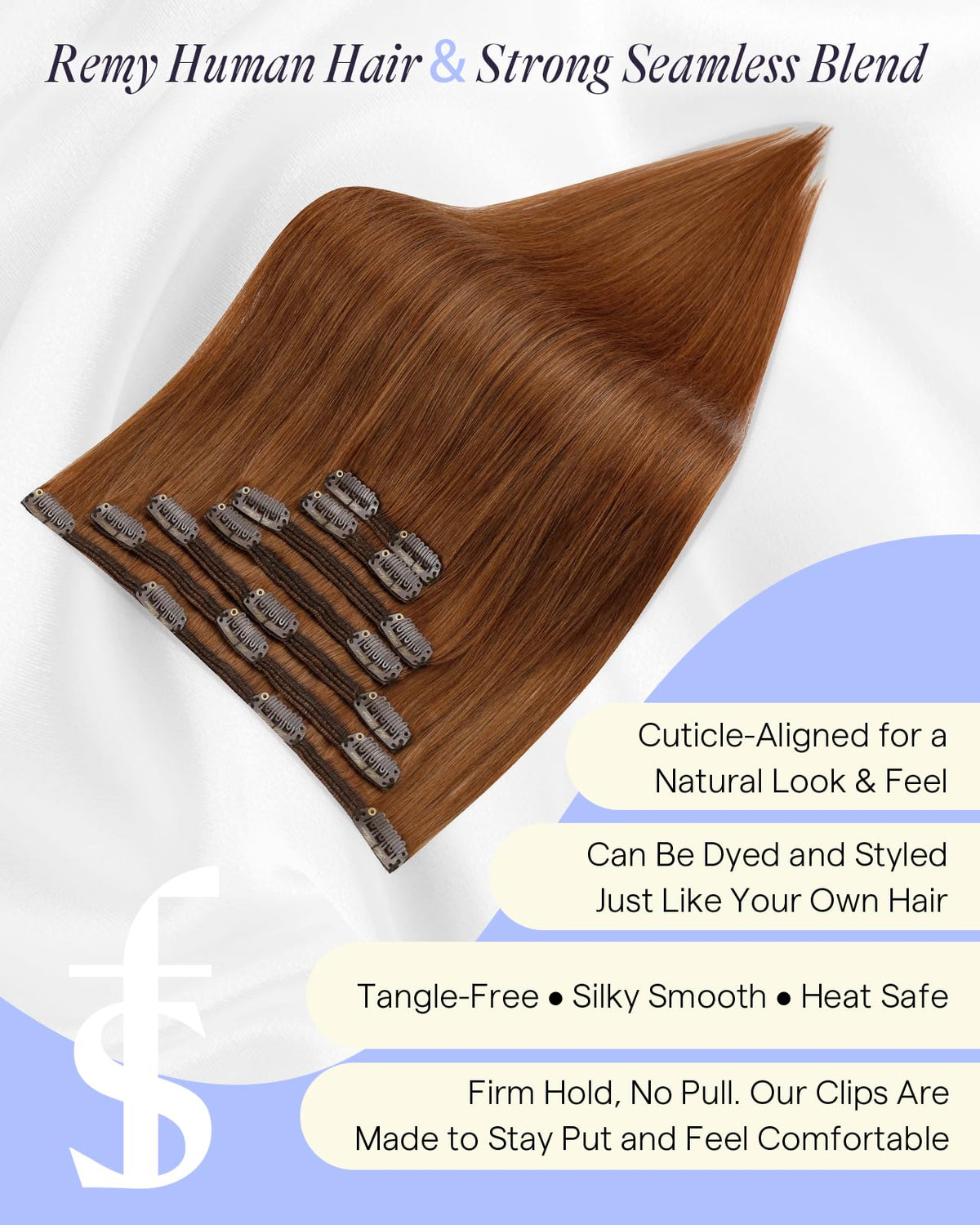 Full Shine Clip in Hair Extensions Auburn on model