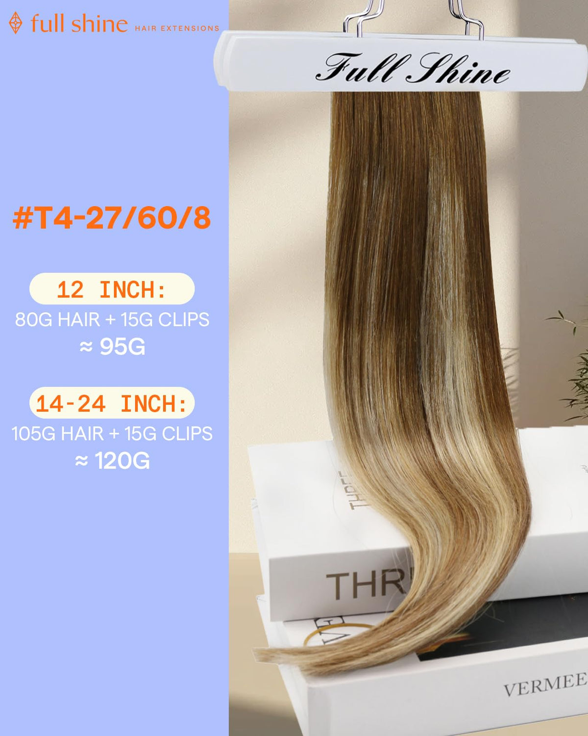 Full Shine Clip in Hair Extensions back view displaying length