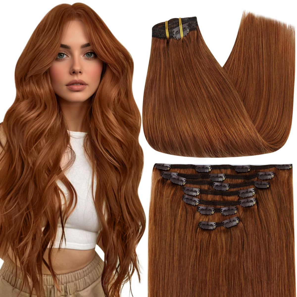 Full Shine Clip in Hair Extensions Copper Tone front view