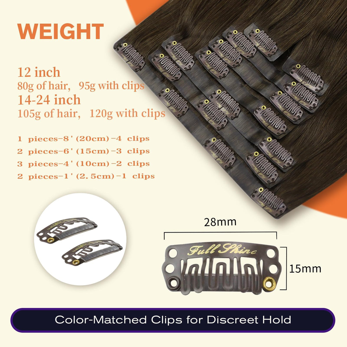 Full Shine Clip in Hair Extensions Dark Brown close-up of clips