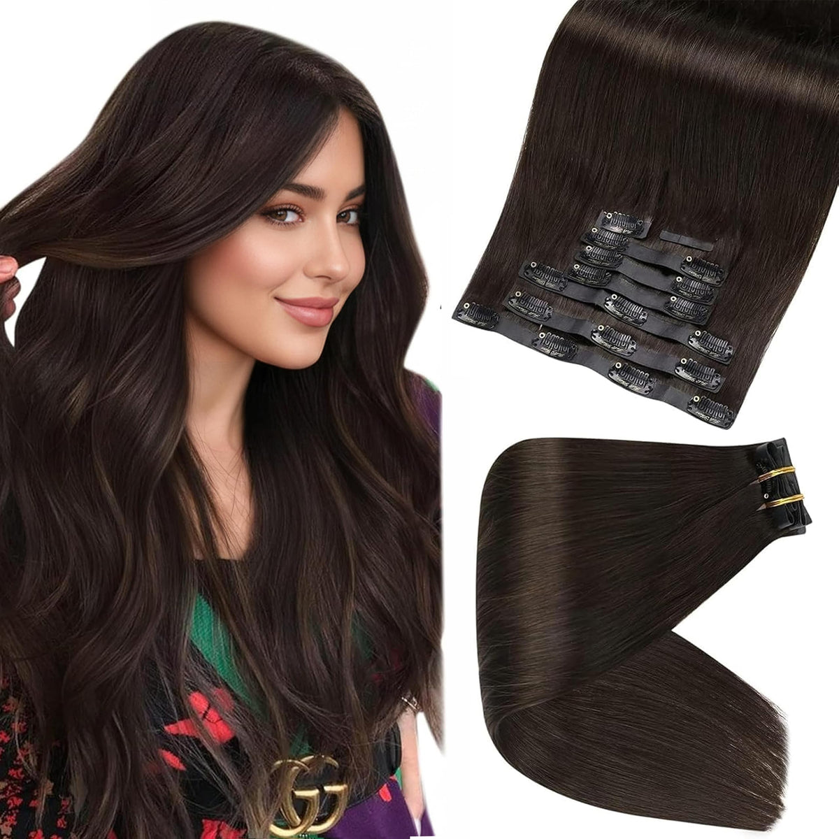 Full Shine Clip in Hair Extensions Dark Brown front view