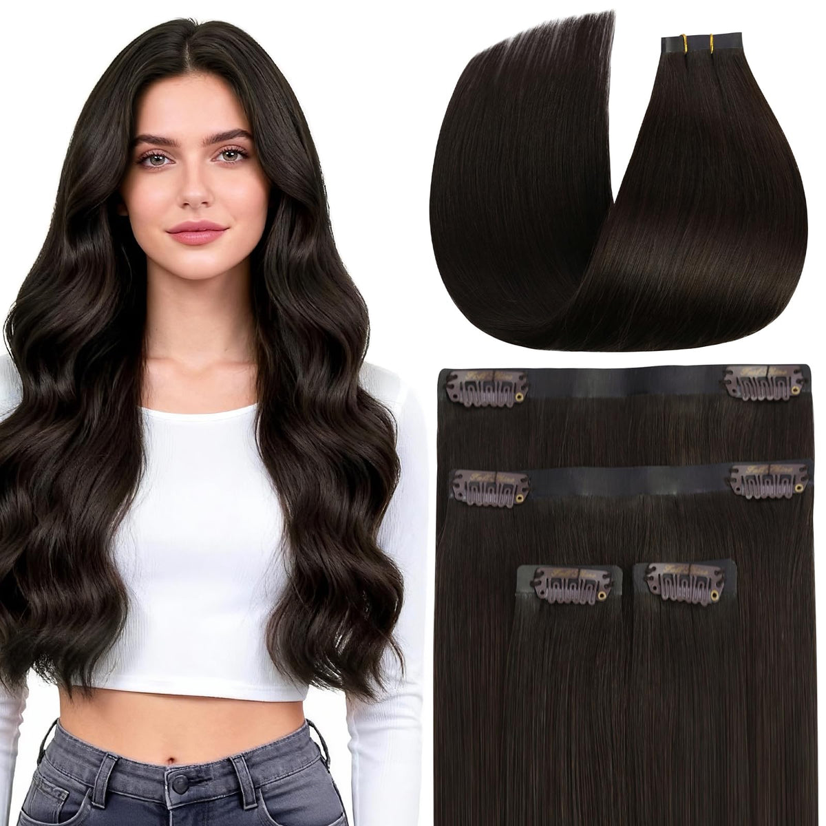Full Shine Clip in Hair Extensions Dark Brown front view