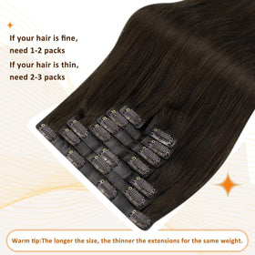 Full Shine Clip in Hair Extensions Dark Brown in natural light