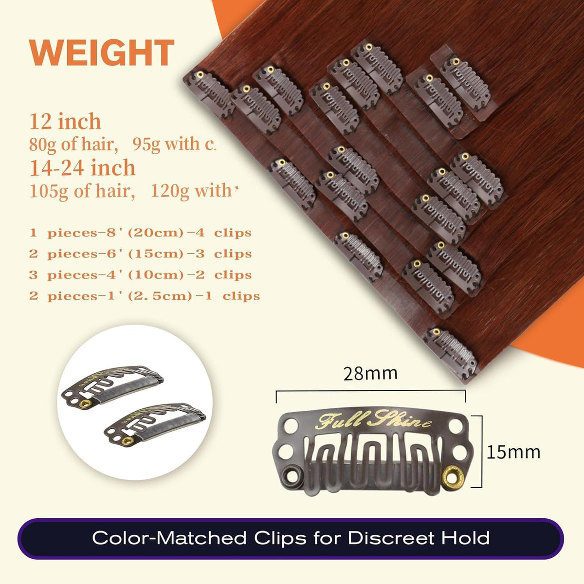 Full Shine Clip-in Hair Extensions displayed with natural light for colour accuracy