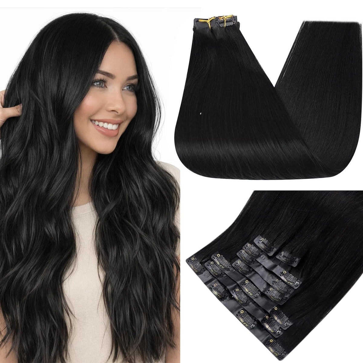 Full Shine Clip in Hair Extensions Jet Black 20 Inch front view