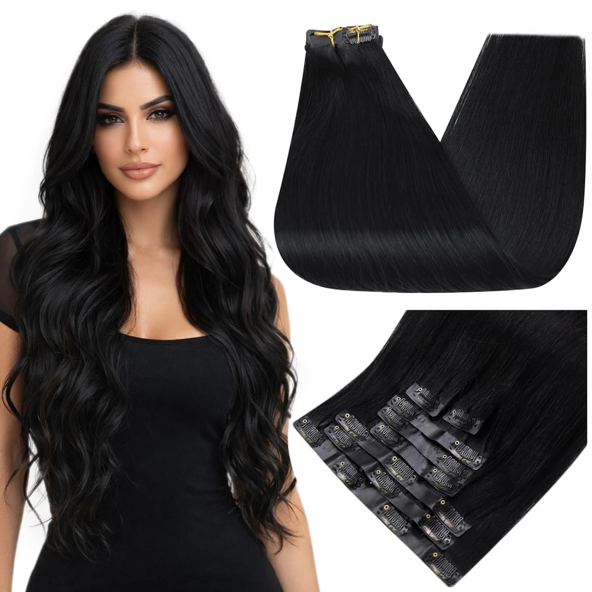 Full Shine Clip in Hair Extensions Jet Black front view