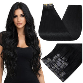 Full Shine Clip in Hair Extensions Jet Black front view