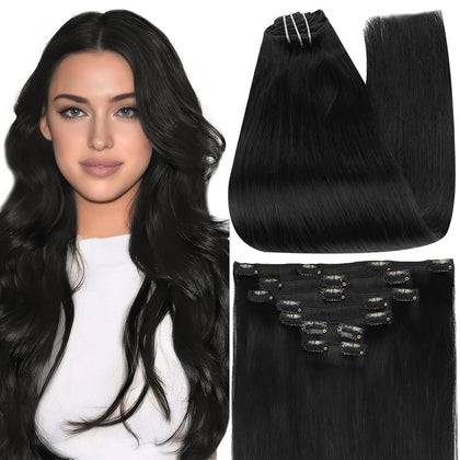 Full Shine Clip in Hair Extensions Jet Black front view