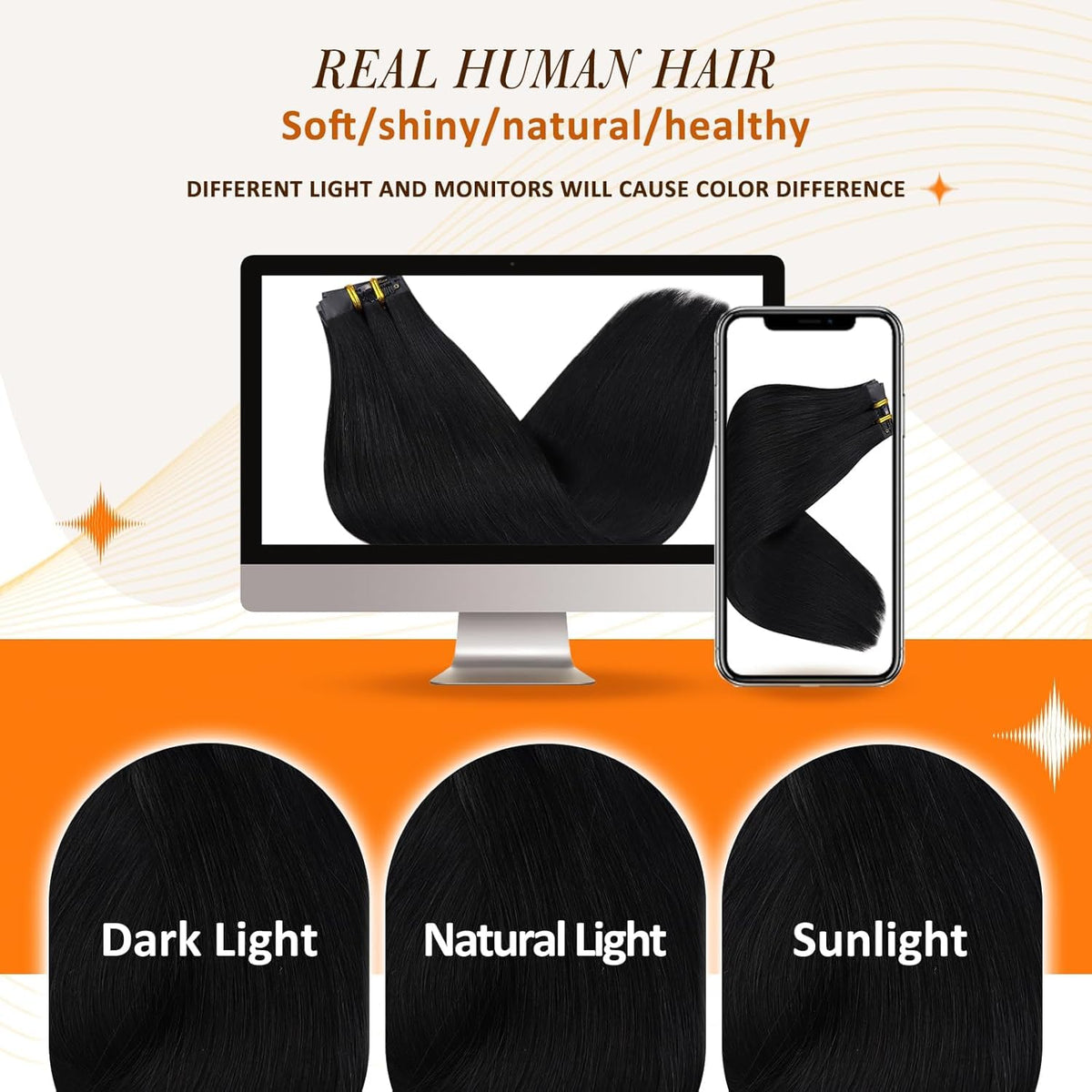 Full Shine Clip in Hair Extensions Jet Black length comparison