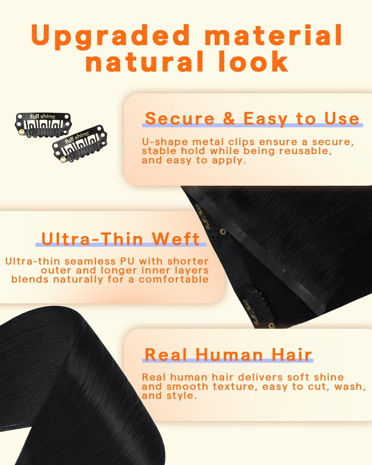 Full Shine Clip in Hair Extensions jet black packaging